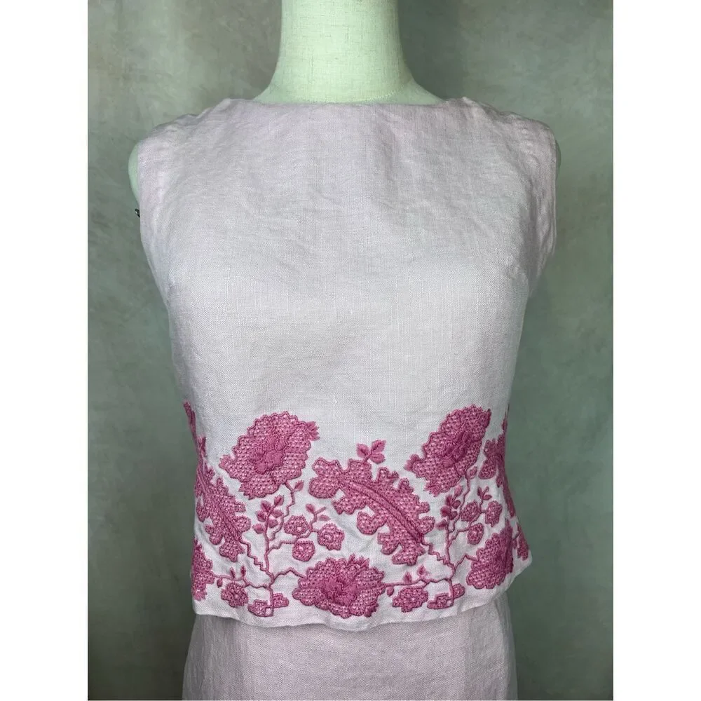 Vintage 1960s Linen Skirt Set Baby Pink Embroidered Susan Thomas Size Small/MD